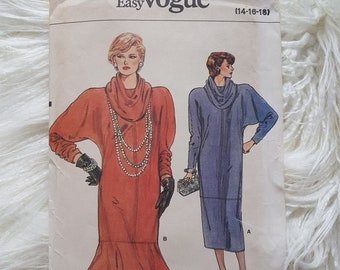 Vogue Pattern 9126 | Vintage 1980s Cowl Neck Pullover Dress | Sizes 14-16-18
