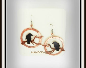 raven earrings, crow earrings, raven jewelry, crow jewelry, goth crow, goth raven, rook earrings, corvus, corvid, hammered copper earrings