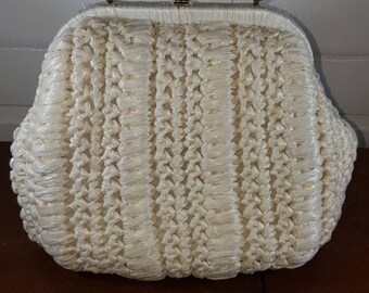 Vintage Raffia White Purse with Lucite Handle