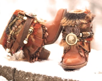 Custom upcycled REWORKED beaded vintage boho boots festival BOOTS gypsy boots ankle boots belted boots leather ankle boots