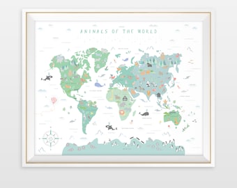 animal world map world map nursery art my first map map of the