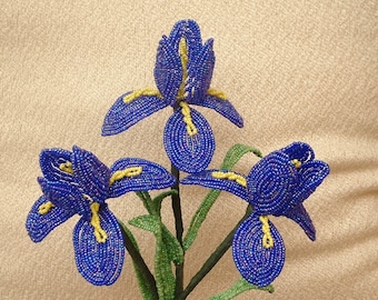 3 Handmade Dark Blue/ Purple Iris's .. French Beaded Flowers