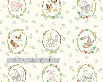 Farm Animal Fabric, Farm Quilt Fabric, Red Rooster Fabric Country Days 26621, Heidi Boyd, Wreathed Pigs, Sheep, Horses, Rabbit, Goat, Cotton
