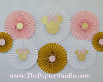 Pink and Gold Minnie Mouse, Set of 8 (eight) Paper Rosettes