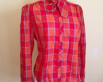 Vintage Secretary Blouse in Orange Check. 1980s Retro Tie Neck Blouse