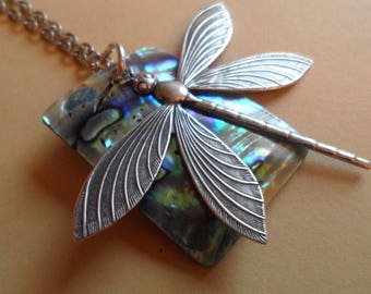 Dragonfly and Rectangular Abalone/Paua Shell Long Necklace Each Unique