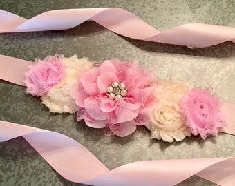 Baby Shower, Pink and Ivory Sash, Pink Maternity Sash, Flower Girl, Flower Sash, Pregnancy Sash, belly band, belly sash, Flower Girl