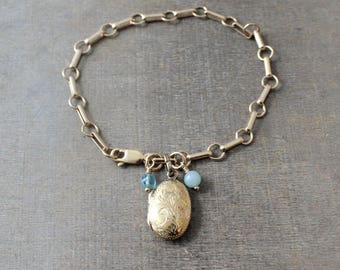 Gold Locket Bracelet, Tiny Gold Locket, Chunky Gold Chain, Bridal Bracelet, Chunky Chain, Wedding Locket, Gold Oval Locket, Something Blue