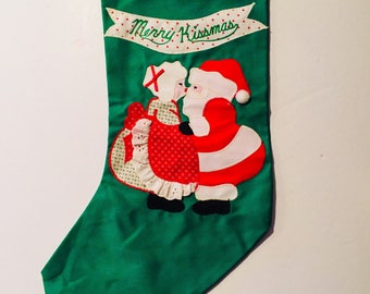 Vintage 20" Christmas stocking Merry Kissmas Santa kissing Mrs. Clause