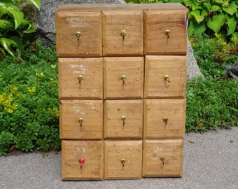 Apothecary 12 Drawer Chest | Rustic Farm Americana Mini Storage Cabinet | Shabby Chic Style Wooden Cabinet | Primitive Multi Drawer Chest