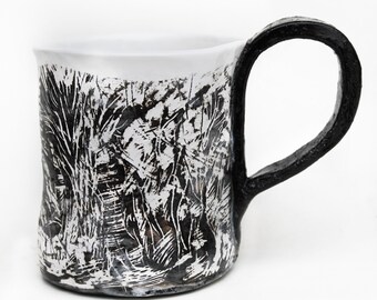 Ceramic Coffee Mug, Handbuilt ceramic mug black and white, sgraffito carved pottery mug