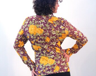 Charlize 70s Floral Disco Shirt M, Yellow & Purple Nylon Blouse, Mod 70s Blouse, Slinky Nylon Top, Retro Hipster Vintage Shirt, Medium