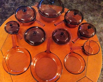 Vintage 18pc. Vintage 80's Corning Ware Pyrex Amber Glass Visions Stove Top & Oven Cookware Set!