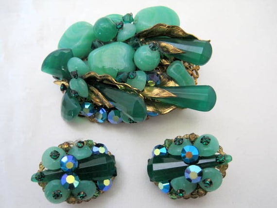 Art Glass Brooch Earrings, Green Molded Glass, Aurora Borealis Rhinestones, European Jewelry