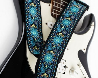 Woven Guitar Strap, Jacquard Strap, Blue Hippie Guitar Strap, Hootenanny Guitar Strap, Guitar Accessory, Vintage Guitar strap, Guitar gifts