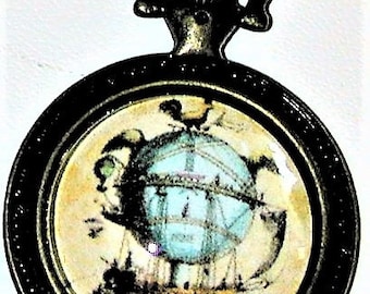 Steampunk Airship Pendant in a Pocket Watch Frame