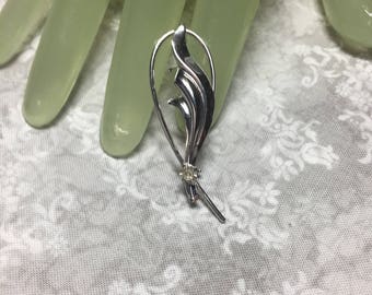 Vintage 2" Silvertone Loop Ribbon Style Clear Rhinestone Pin