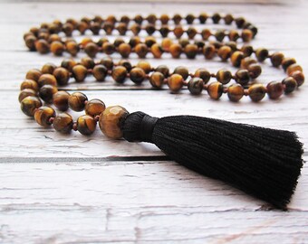 Tiger eye necklace Tiger Eye Mala Beads Malas necklaces Long necklaces Beaded men necklaces Bead necklace Tassel Jewellery Knotted necklace