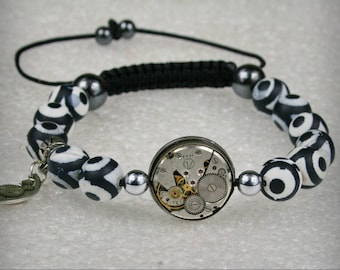 Mens Steampunk bracelet of matte Black White Agate Beads , watch movement , bracelet Shamballa , movement bracelet , Clockwork bracelet