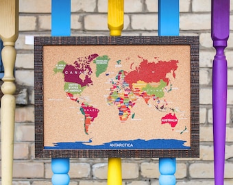 Cork World Map Travel push pin board corkboard S bulletin memo notice message photo note framed color white small 18 x 13" (45,5 x 33cm)