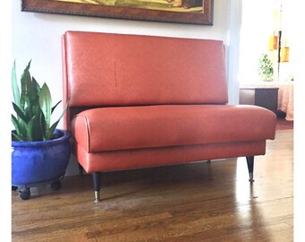 Vintage 1970s restaurant booth seat diner booth orange vinyl paisley embossed seating highback loveseat bench settee