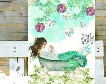 Watercolor Mermaid Reading - The Little Mermaid Art