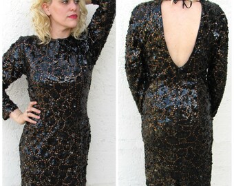 Chocolate Brown Sequinned Dress - Long Sleeved Backless Dress - NYE Dress - SZ 4 - 6