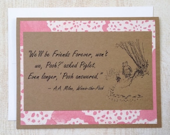 Friends Forever - Winnie the Pooh Quote - Classic Piglet and Pooh Note Card Pink Lace Border
