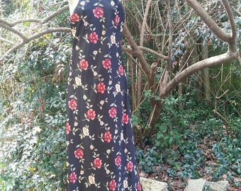 Vintage 90s Black Satin Floral Grunge Maxi Dress Size 9