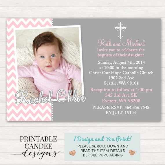 Items similar to Pink and Grey Chevron Baptism Invitation - Pink ...