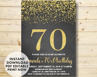 70th Birthday Invitation, 70th Birthday, Gold Birthday Invitation, Birthday Party Invitation, INSTANT DOWNLOAD, Invitations for Women