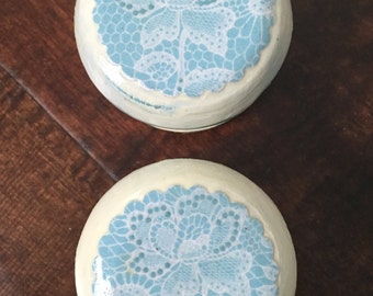 2 inch knobs, shabby cottage, French country, blue, lace,distressed, cabinet knobs, drawer pulls