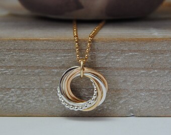 Petite Love Knot Necklace, 7 Ring, Silver Beaded Rings, Gold Rings Necklace, Mixed Metals Necklace, 70th Birthday, Gift for Mom