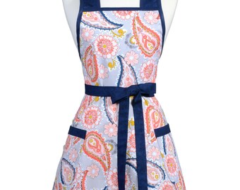 Blue Orange Daisy Paisley Womens 50s Retro Vintage Kitchen Apron with Pockets and Personalized Monogram Option - Monogram Option