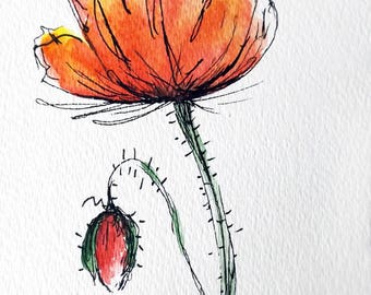 Poppy Flower Original Water Color Art Hand Painted Red Poppy Flower Painting
