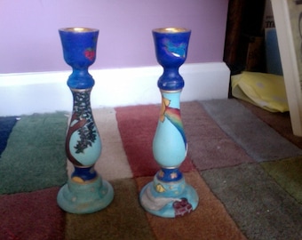 Custom Woodburned/Painted Candle Stick Holders