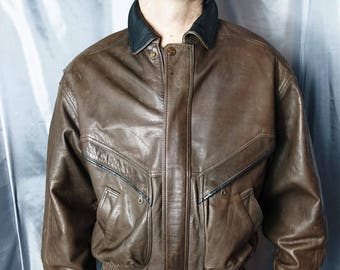 Gents Vintage 80's leather bomber jacket, brown leather, Wallace saks, mens vintage jacket