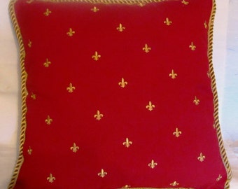 Country French Fleur De Lis Pillow Cottage Red Gold Provence Paris Parisian