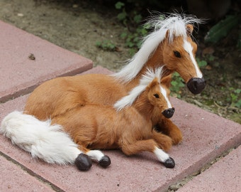 Brown Horse Family Furry Animal Sitting Figurine Mythical Tan Pony Medium