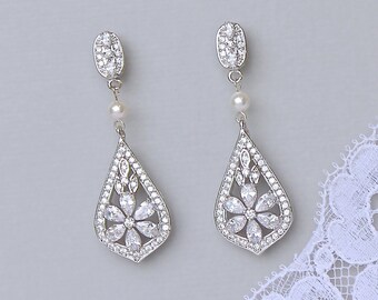 Bridal Chandelier Earrings, Crystal Bridal Earrings, Silver Bridal Jewelry, Vintage Wedding Earrings, PAIGE P