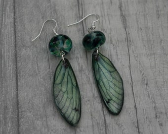 Green Dragonfly Wing Earrings, Dragonfly Illustration, Dangle Earrings