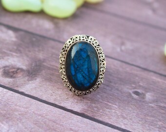 Labradorite Ring, Blue Flash Labradorite Gemstone Sterling Silver Ring, Anniversary Ring, Boho Ring, Gypsy Ring, Labradorite Jewelry