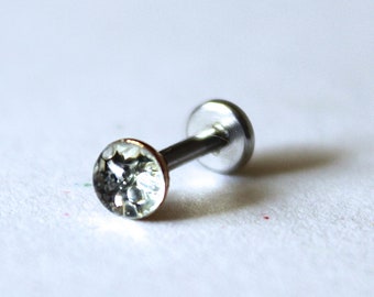 20g - Sparking Silver Flat Back Labret Stud Earring: 1.5mm, 2mm, 2.5mm, 3mm, 3.5mm, 4mm, 4.5mm, 5mm Gem Sizes; 5/32", 1/4", 5/16" Lengths