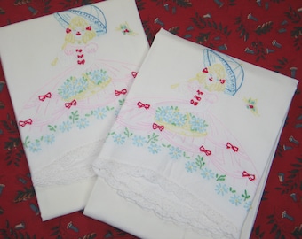 PAIR of Vintage Southern Belle Crinoline Lady-Little bo Peep- Pillowcases with Crochet Lace Tim