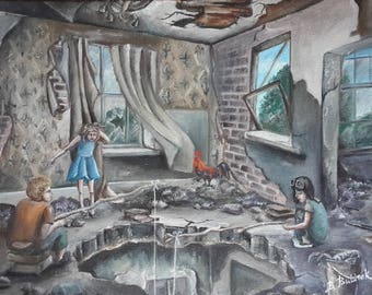 Original oil painting, Oil on canvas, Fine art, Work unique, Home decor, Gift, Thematic painting, Genre painting, Kids, Old house