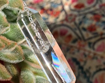 Double terminated Quartz crystal wotj rainbow on 18 inch sterling silver plated chain