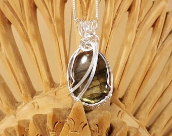 Labradorite Cabochon Sterling Silver Wire Wrapped Pendant Necklace