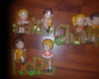 3 vintage Buckwood wall plaques children Faith Hope Charity
