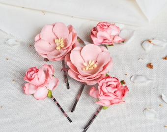 Coral Silk Paper Hair Flowers, Bridal Hair Clips, Wedding Accessories, Wedding hair clip, Bridal hair pins, Wedding hair, Set of Five.