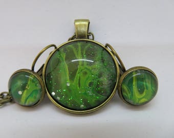 2pcs green, abstract jewelry set , wearable art, statement jewelry set, custom, hand painted, abstract design, unique and tasteful.
